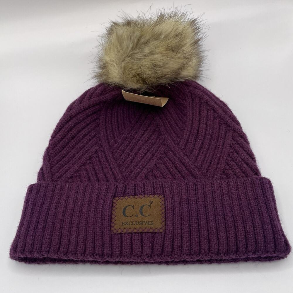 CC Women's Warm Knit Beanie Hat with Faux Fur Pom Pom Eggplant New With Tags